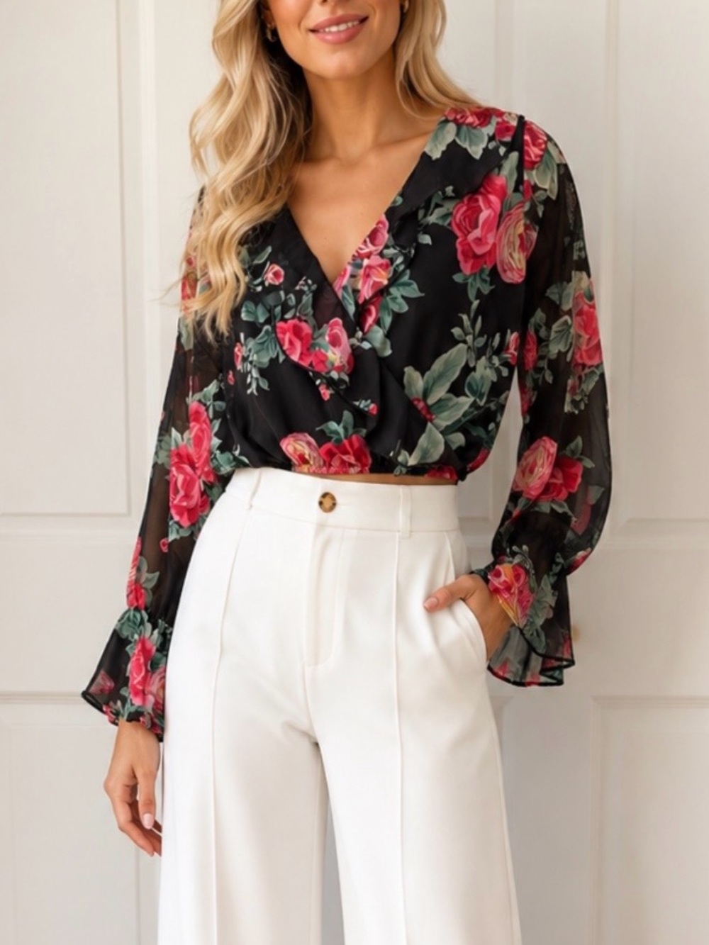 NWT Peach Love Floral Surplice Black Sheer Blouse - Elegant Women's Top